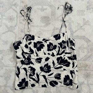 Old Navy fitted tie-strap tank top, navy blue and white floral, size M